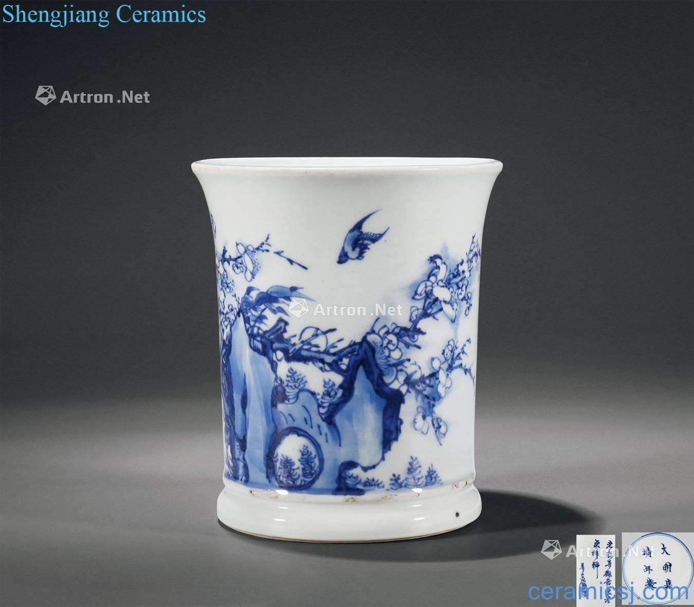 The qing emperor kangxi Blue and white painting of flowers and poems brush pot
