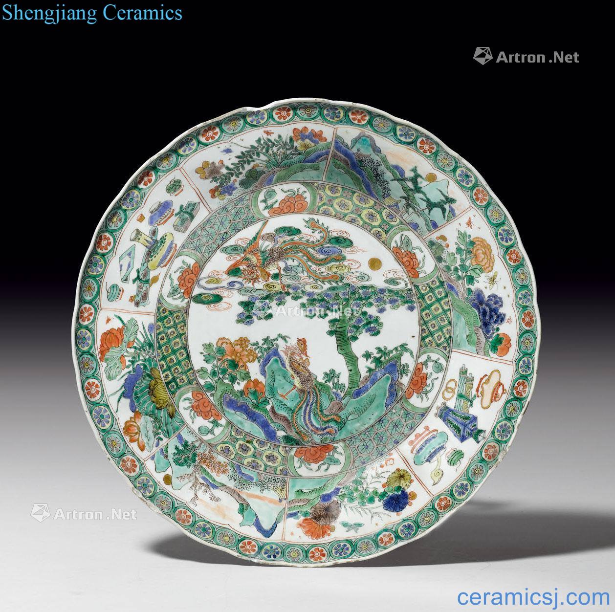Kangxi years Molded color painted golden phoenix tray