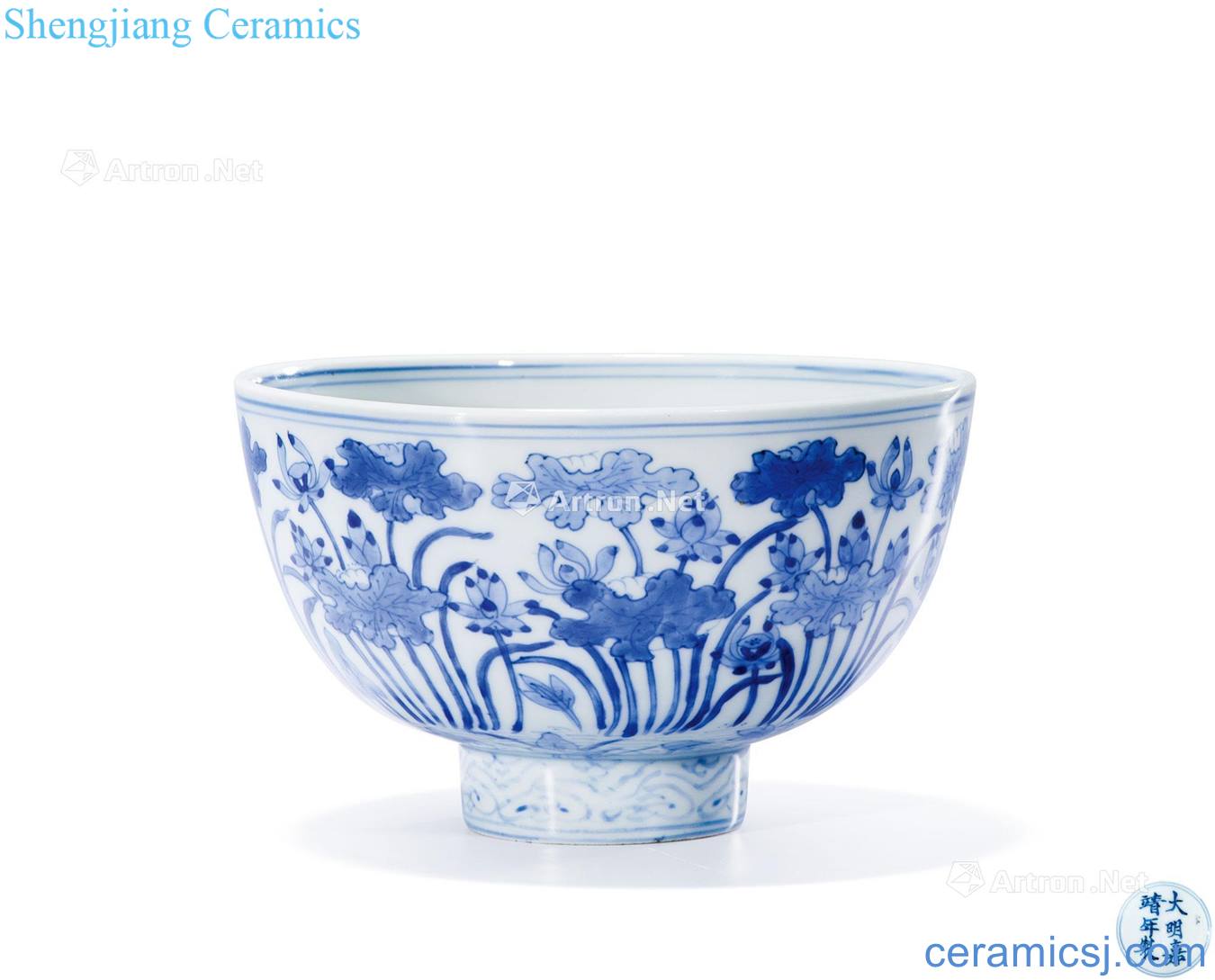 Jiajing of blue and white landscape lotus pond green-splashed bowls