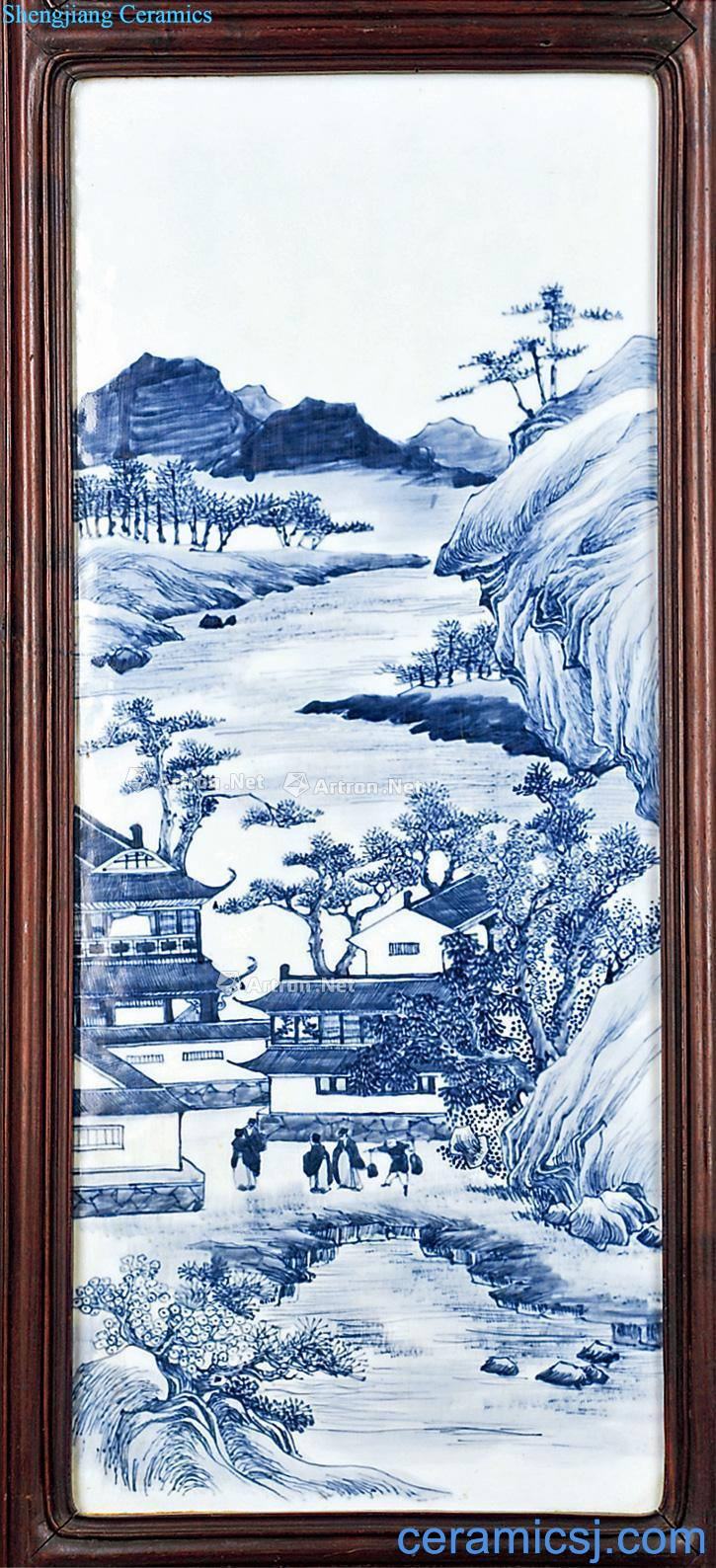 Mid qing Blue and white landscape flowers benevolent six screen