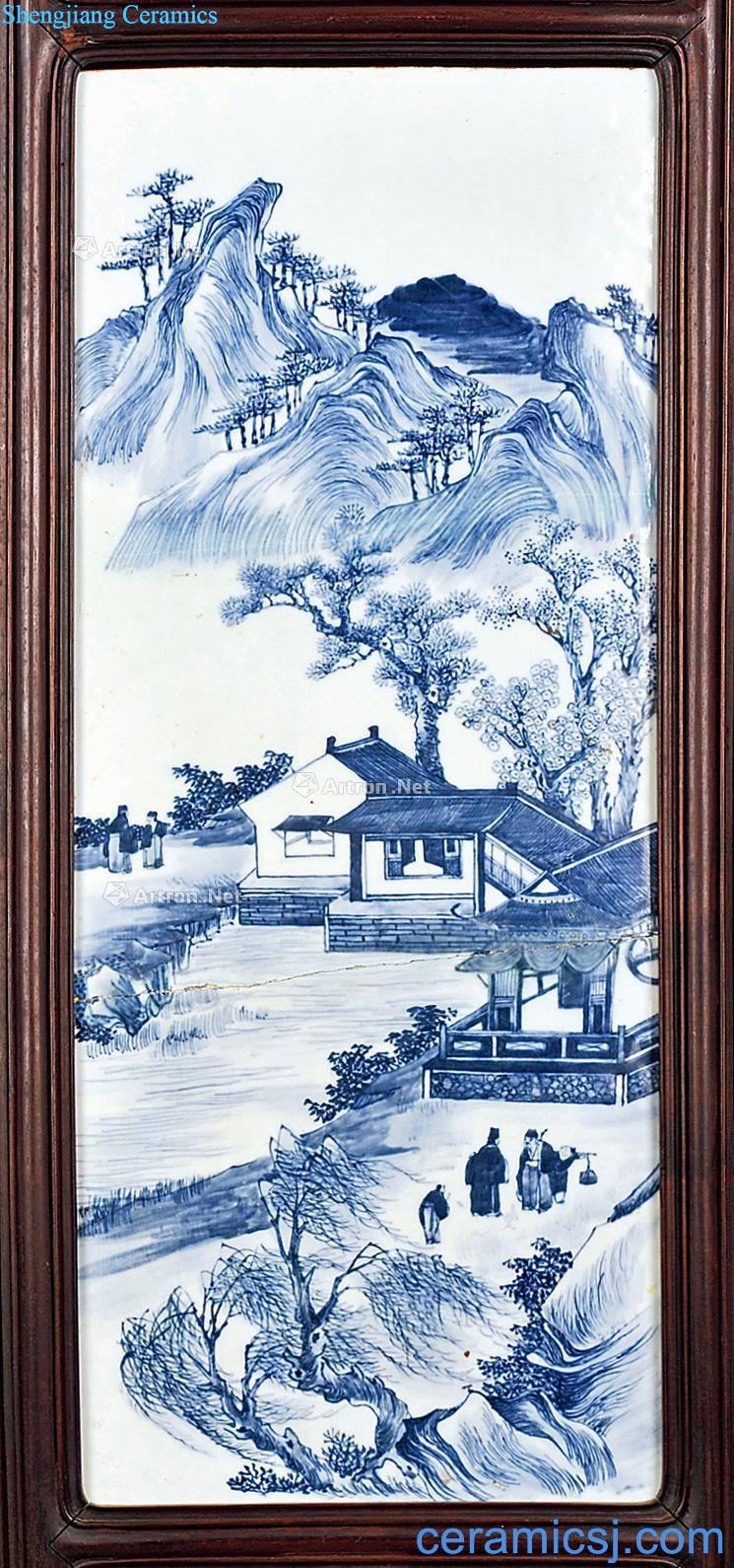 Mid qing Blue and white landscape flowers benevolent six screen