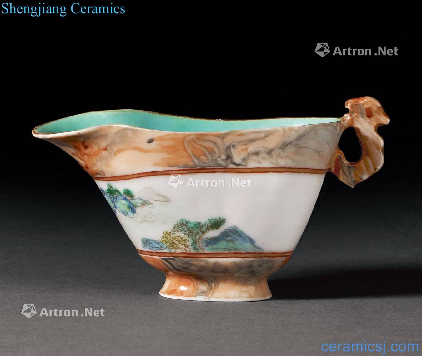 Qing qianlong imitation stone to powder enamel glaze medallion landscape figure dragon ear cup