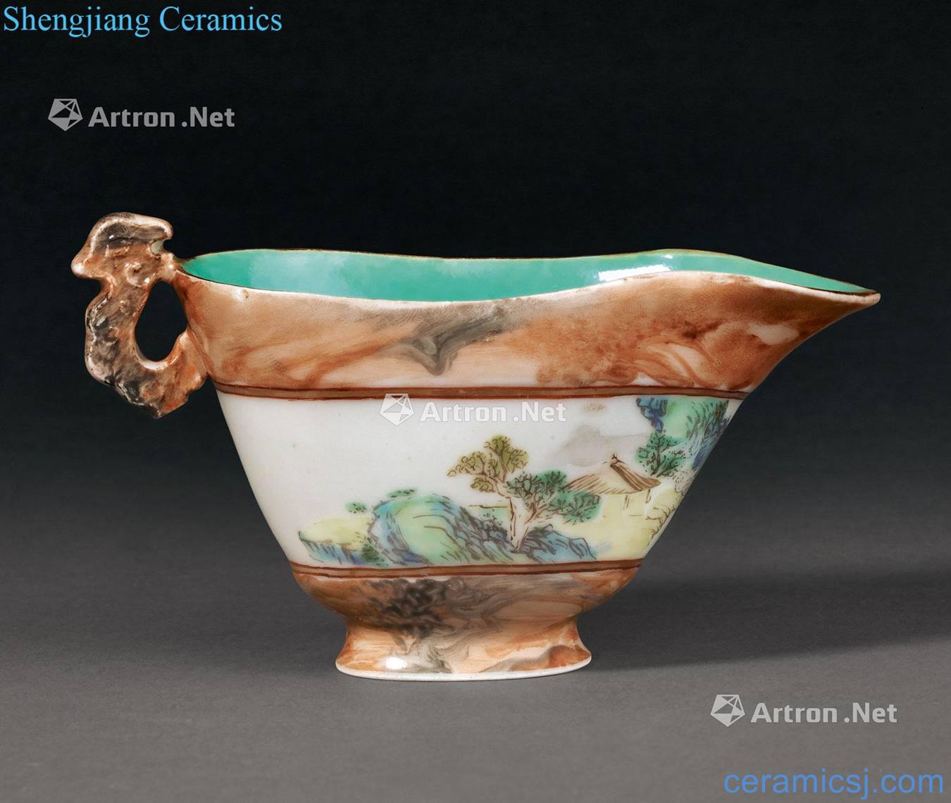 Qing qianlong imitation stone to powder enamel glaze medallion landscape figure dragon ear cup