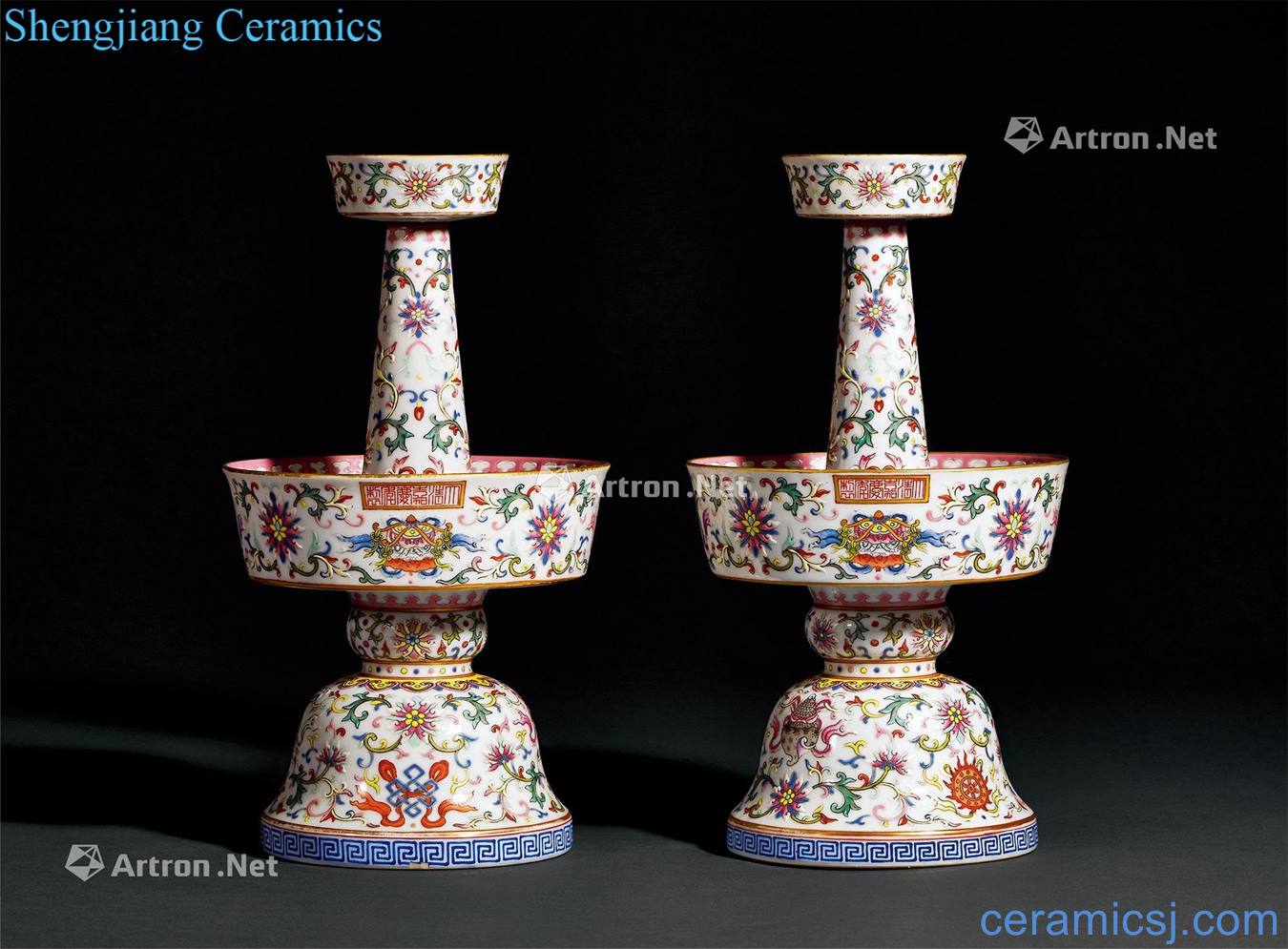 Qing jiaqing pastel around eight auspicious lotus flower grain candlestick (a)