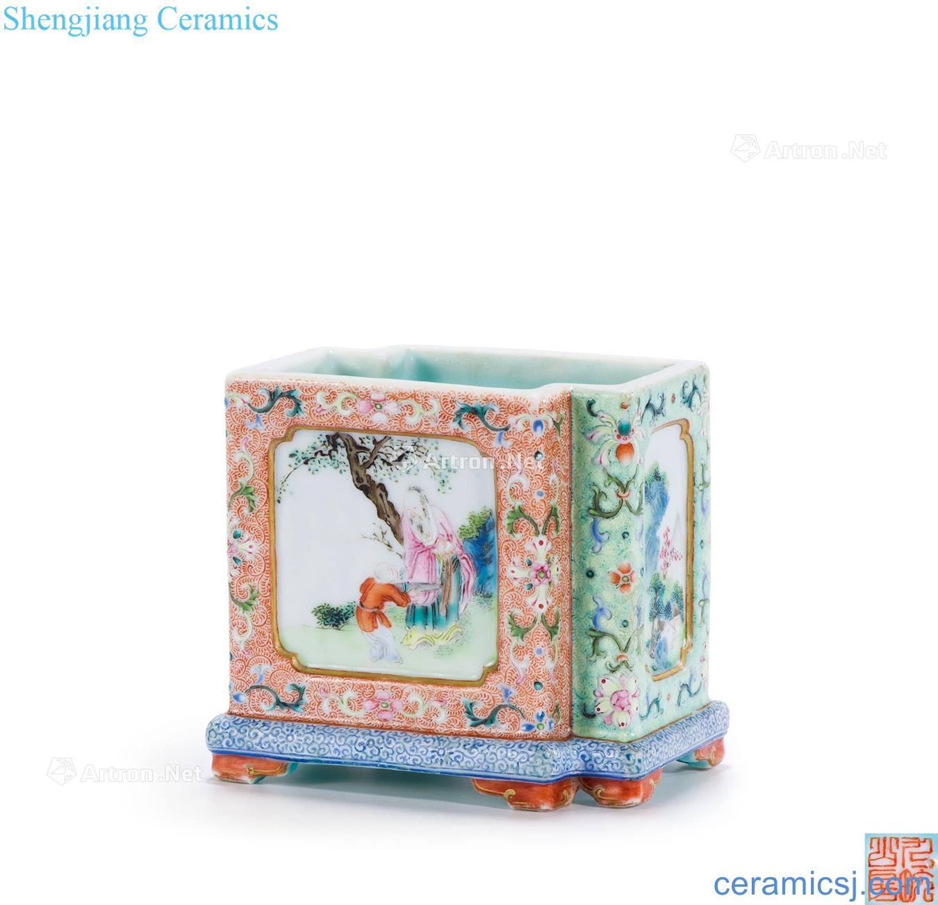 Qing qianlong "nine Wan mountain room" s pastel character figure diamond fangsheng small brush pot