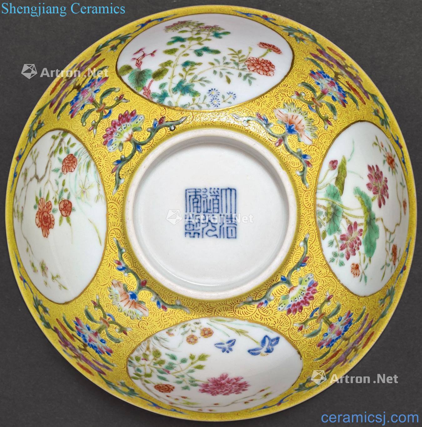 Qing daoguang Huang famille rose medallion flowers green-splashed bowls