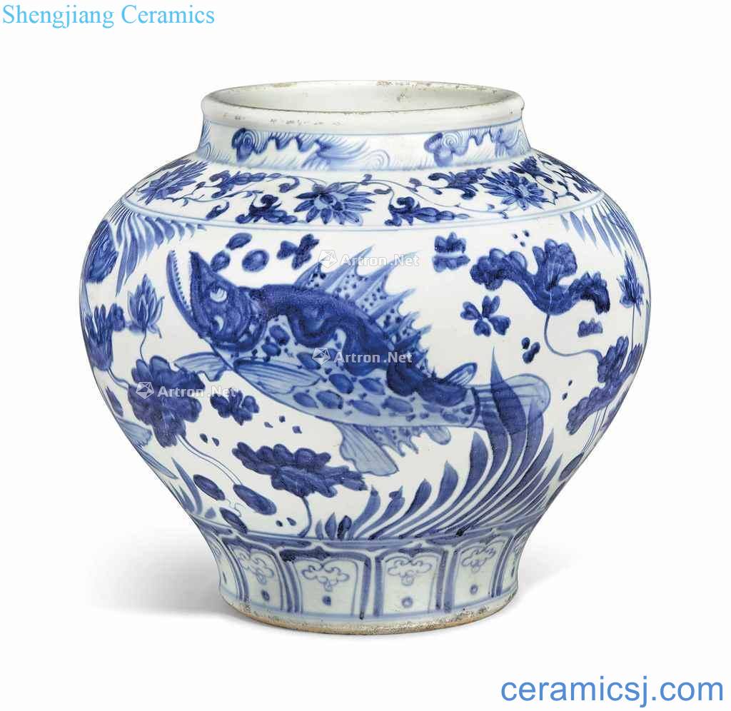 In the 18th century A YUAN - STYLE BLUE AND WHITE 'FISH JAR, GUAN