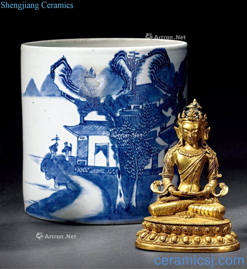 Stories of qing dynasty blue-and-white pen container