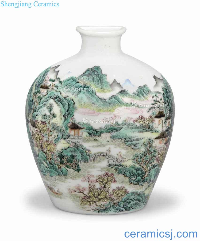 In the 19th century A SMALL FAMILLE ROSE 'LANDSCAPE' WALL VASE