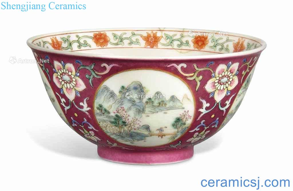 During the period of jiaqing (1796-1820), A FAMILLE ROSE RUBY - GROUND "LANDSCAPE" MEDALLION BOWL