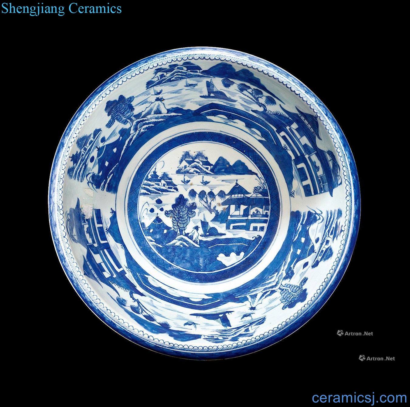 qing Blue and white landscape character story figure