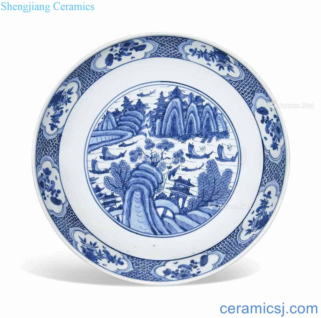 In the 16th century A LARGE BLUE AND WHITE "LANDSCAPE" DISH