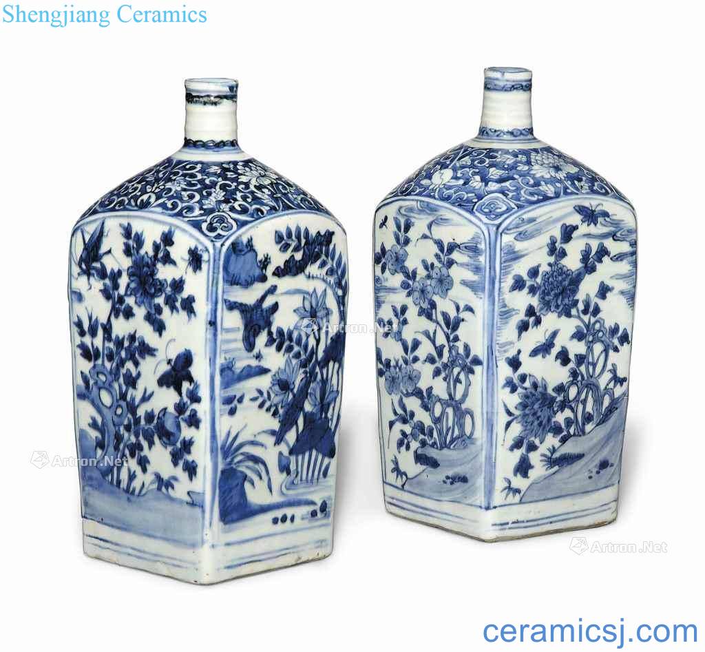 Wanli period (1573-1619), TWO BLUE AND WHITE SQUARE - SECTION BOTTLES
