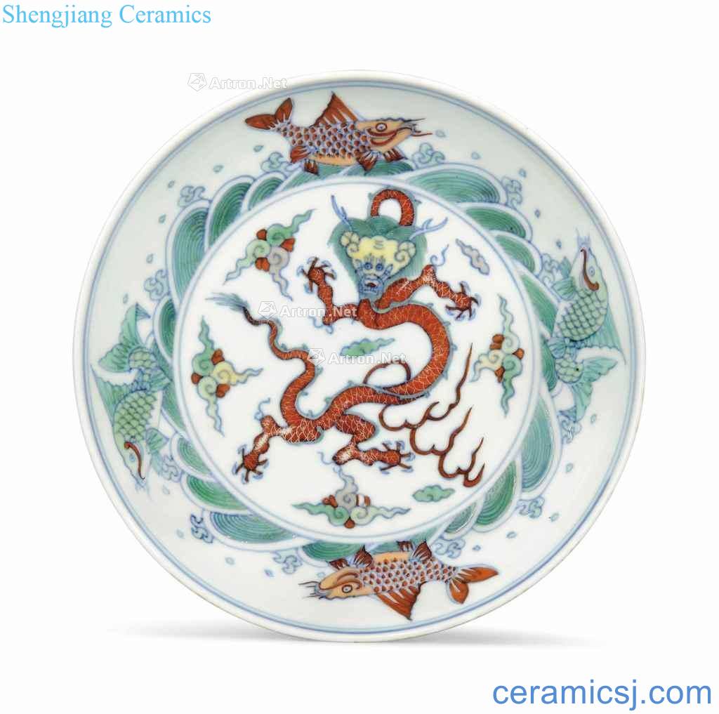 In the 18th century A DOUCAI 'DRAGON AND FISH DISH