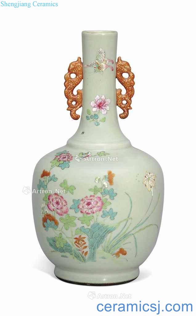 The qianlong period (1736-1795), A FAMILLE ROSE AND CELADON GLAZED - TWO - HANDLED VASE