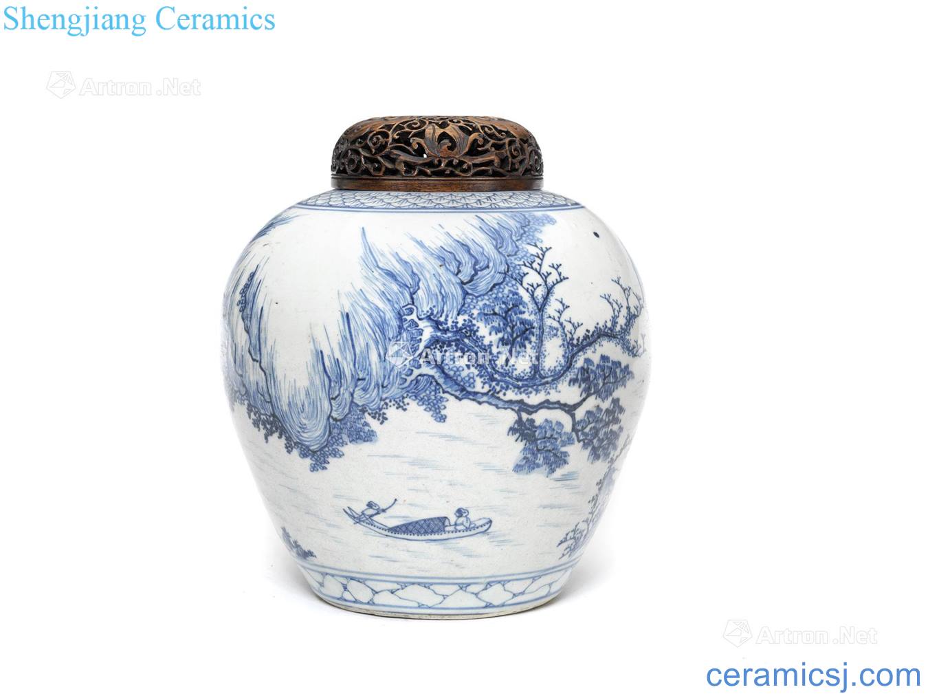 About 1660 years Blue and white linen Cun landscape figure cans