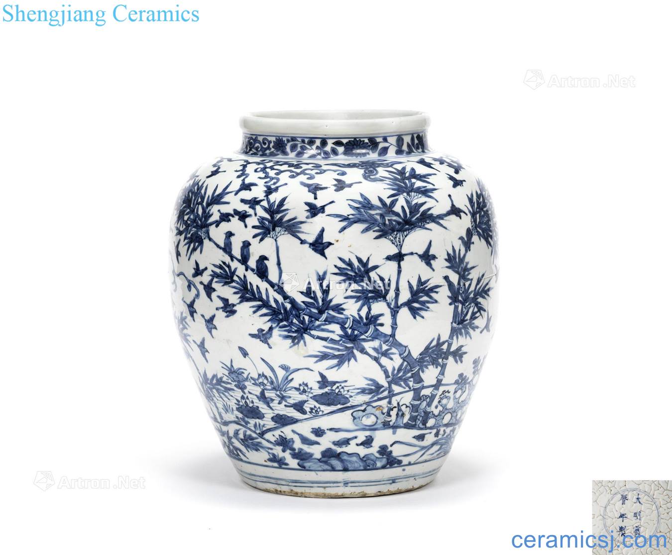 Ming wanli Blue and white bamboo figure large pot lotus pond