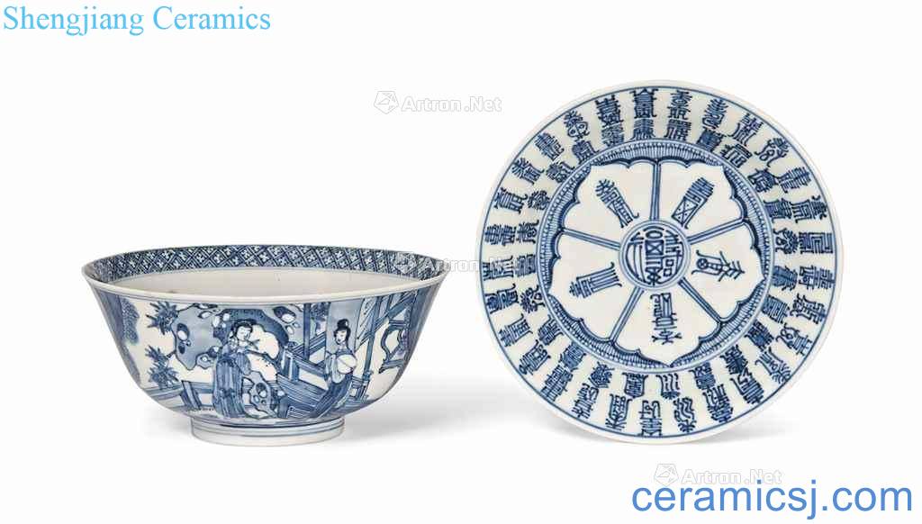 Kangxi (1662-1722), A BLUE AND WHITE FIGURAL BOWL AND A BLUE AND WHITE "SHOU" CHARACTER DISH