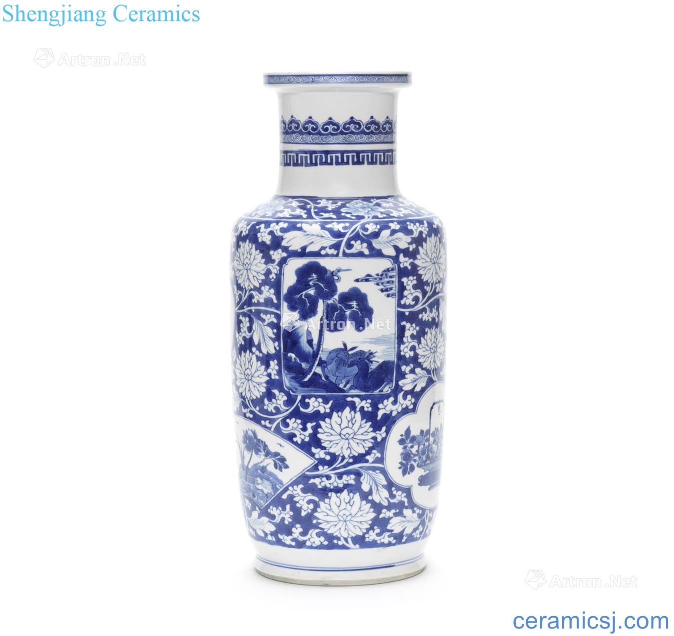 The qing emperor kangxi Blue and white tie up lotus flower grain medallion landscape antique wooden stick bottle