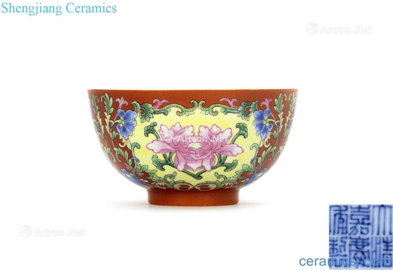 Qing jiaqing coral red enamel 盌 medallion peony pattern