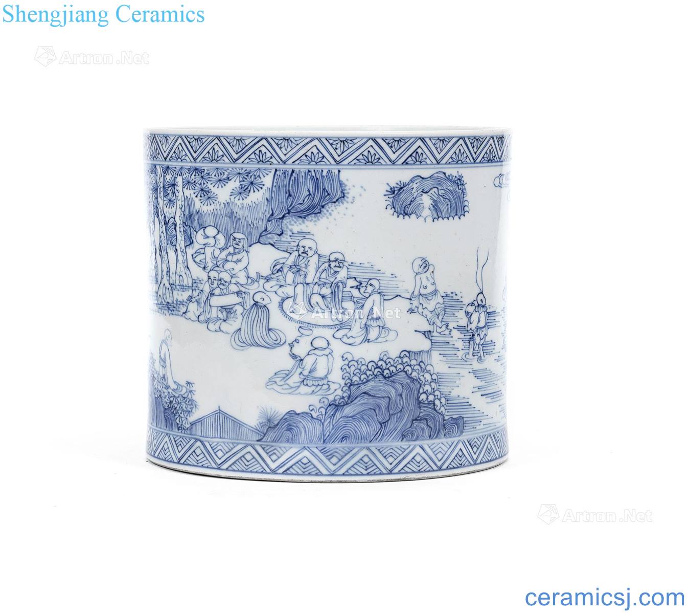 The qing emperor kangxi Blue and white 18 Luo Hantu pen container