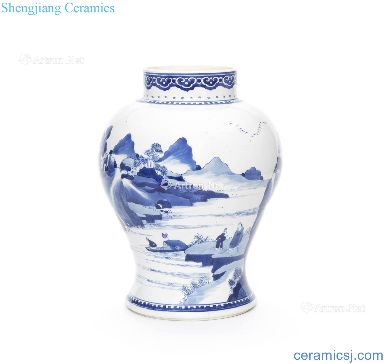 The qing emperor kangxi Blue and white landscape figure cans