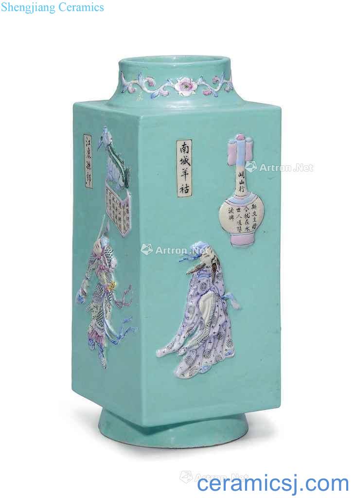 In the 19th century A FAMILLE ROSE TURQUOISE - GROUND MOULDED 'WU SHUANG PU' SQUARE - SECTION VASE, CONG