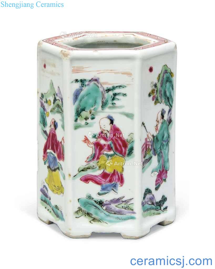 Qing yongzheng (1723 ~ 1735) A FAMILLE ROSE HEXAGONAL BRUSH POT