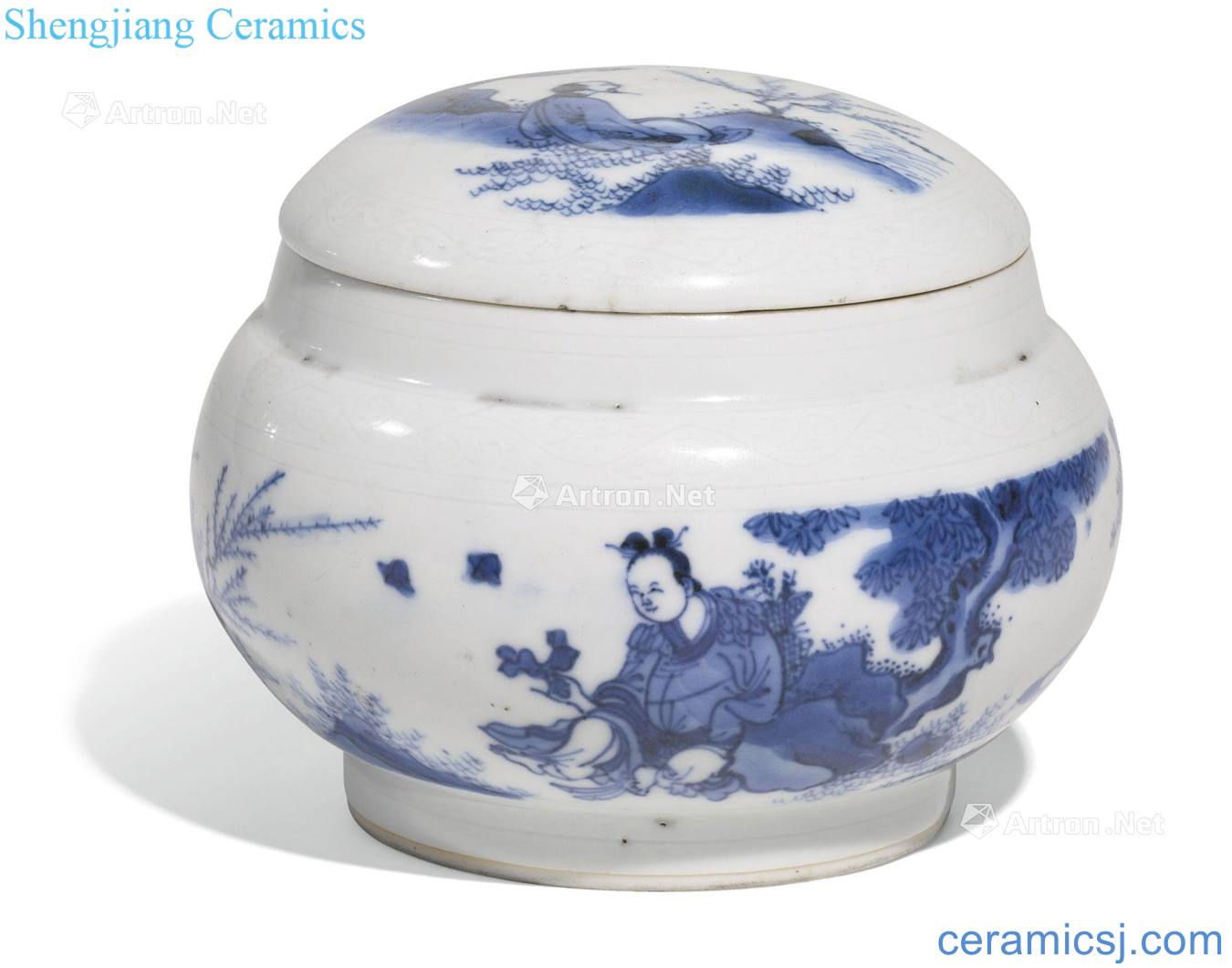 Ming chongzhen Blue and white courtyard character tougue cans