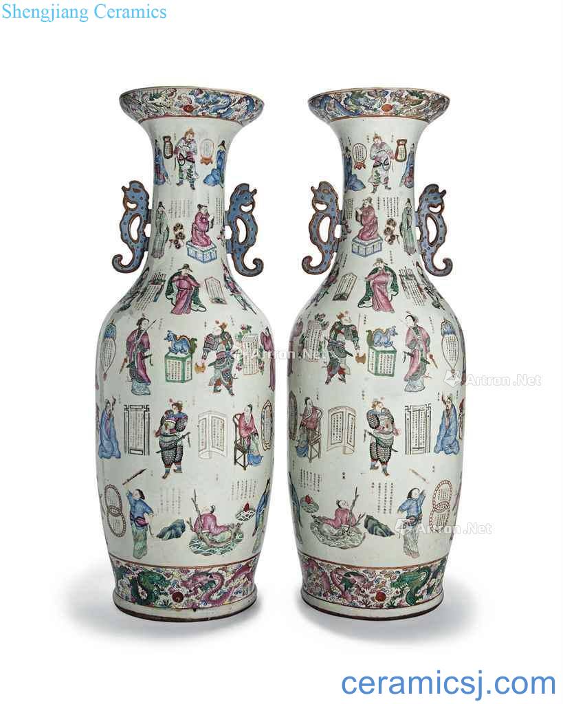 In the 19th century A LARGE PAIR OF FAMILLE ROSE 'WU SHUANG PU BALUSTER VASES