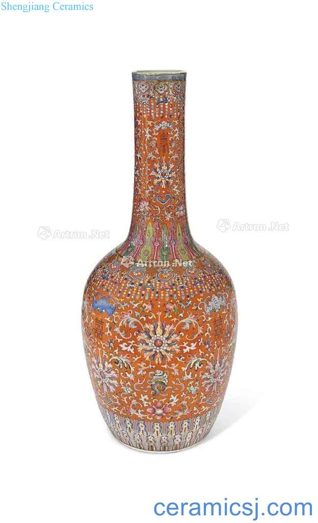 In the 19th century A LARGE CORAL - GROUND FAMILLE ROSE BOTTLE VASE