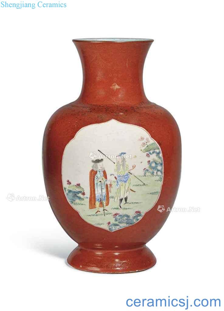 In the 19th century A CORAL - GROUND FAMILLE ROSE 'EUROPEAN SUBJECT "VASE