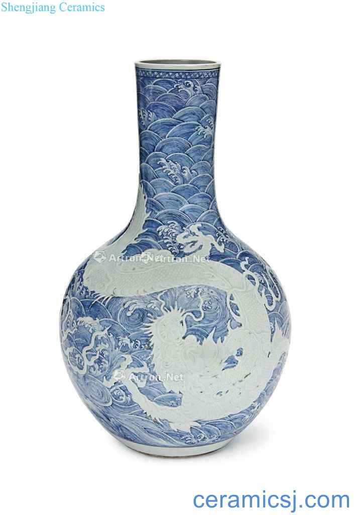 Qing emperor qianlong (1736-1795), A LARGE BLUE AND WHITE MOULDED 'DRAGON VASE, TIANQIUPING