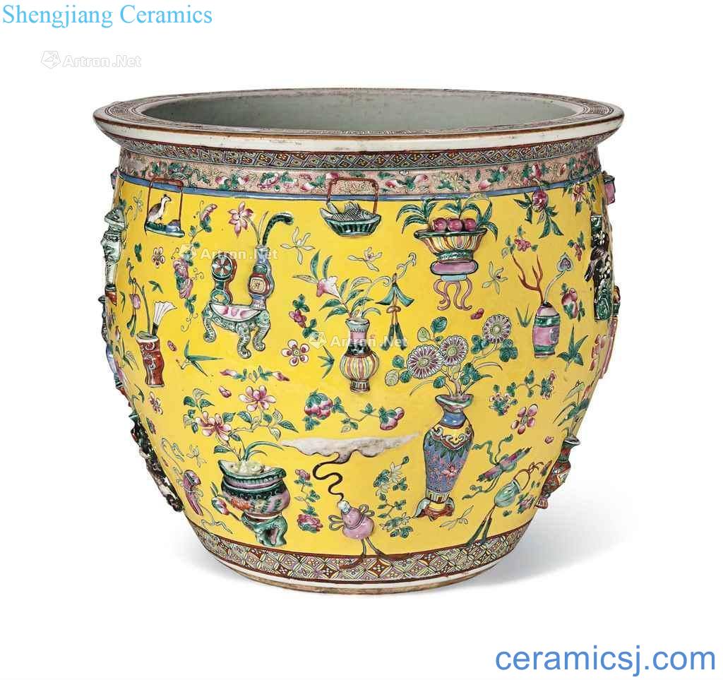 In the 19th century A YELLOW - GROUND FAMILLE ROSE FISH BOWL