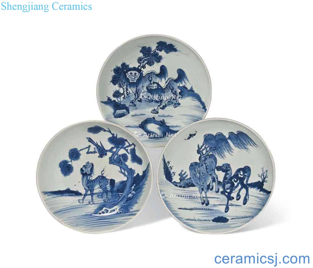 The qing emperor kangxi (1662 ~ 1722), A SET OF THREE BLUE AND WHITE 'MYTHICAL BEAST "DISHES