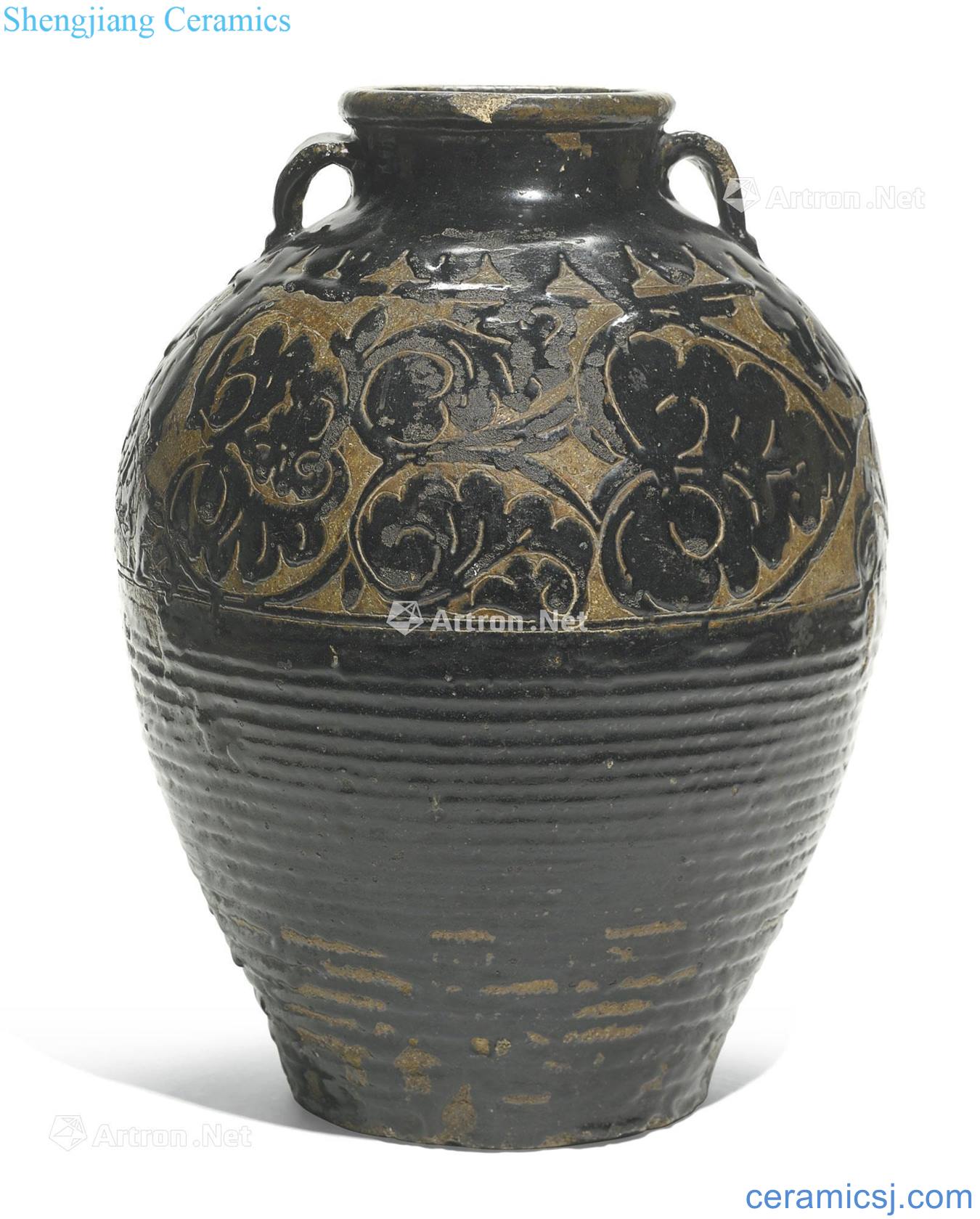 Yuan/Ming Black glaze magnetic state kiln carved flowers ears cans
