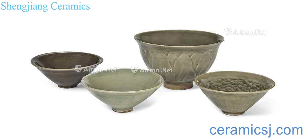 The song dynasty (960 ~ 1279) A YAOZHOU CARVED DEEP BOWL AND THREE SMALL CELADON - GLAZED BOWLS