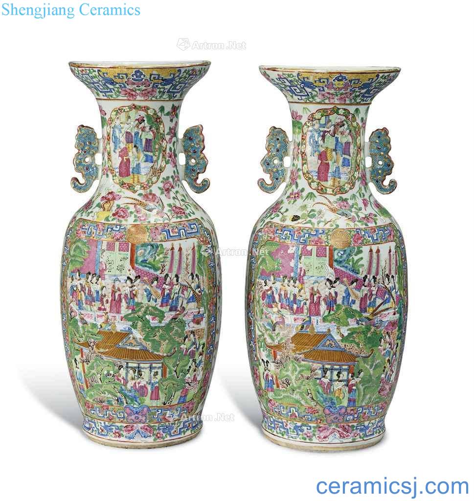 In the 19th century A PAIR OF LARGE CANTONESE FAMILLE ROSE TWO - HANDLED VASES