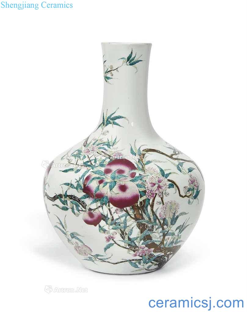 In the early 20th century A LARGE FAMILLE ROSE 'NINE' PEACH 'BOTTLE VASE