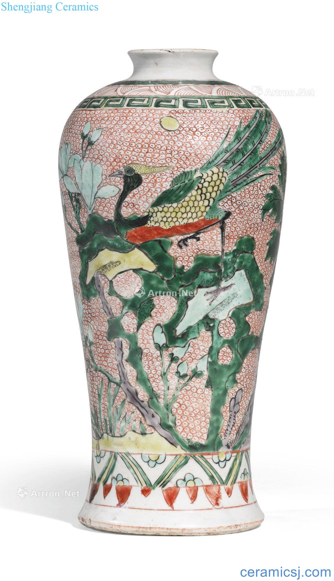 Qing shunzhi Colorful peony golden pheasant grain mei bottle