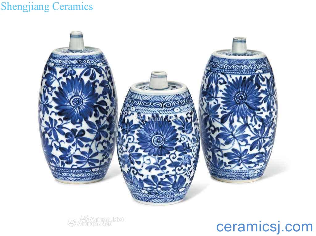The qing emperor kangxi (1662 ~ 1722), A GROUP OF THREE BLUE AND WHITE BARREL - FORM JARS