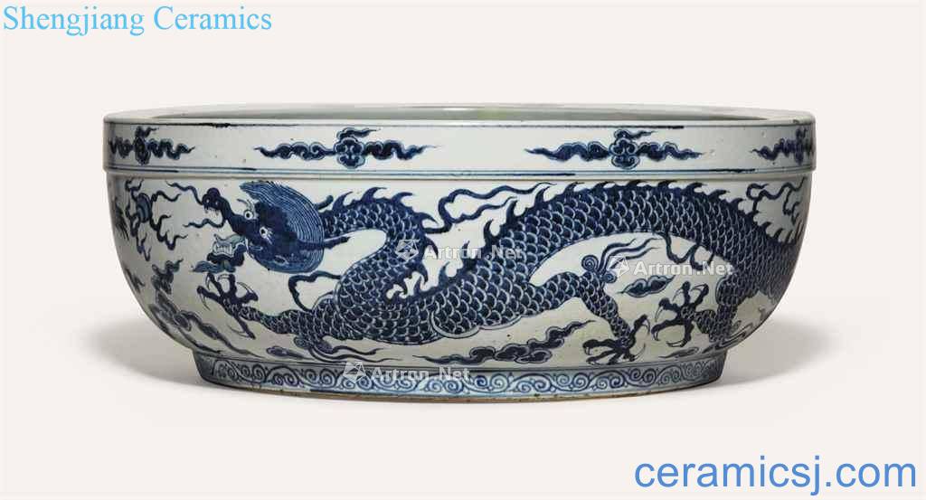 In the Ming dynasty, in the 16th century A RARE LARGE BLUE AND WHITE "DRAGON" BASIN