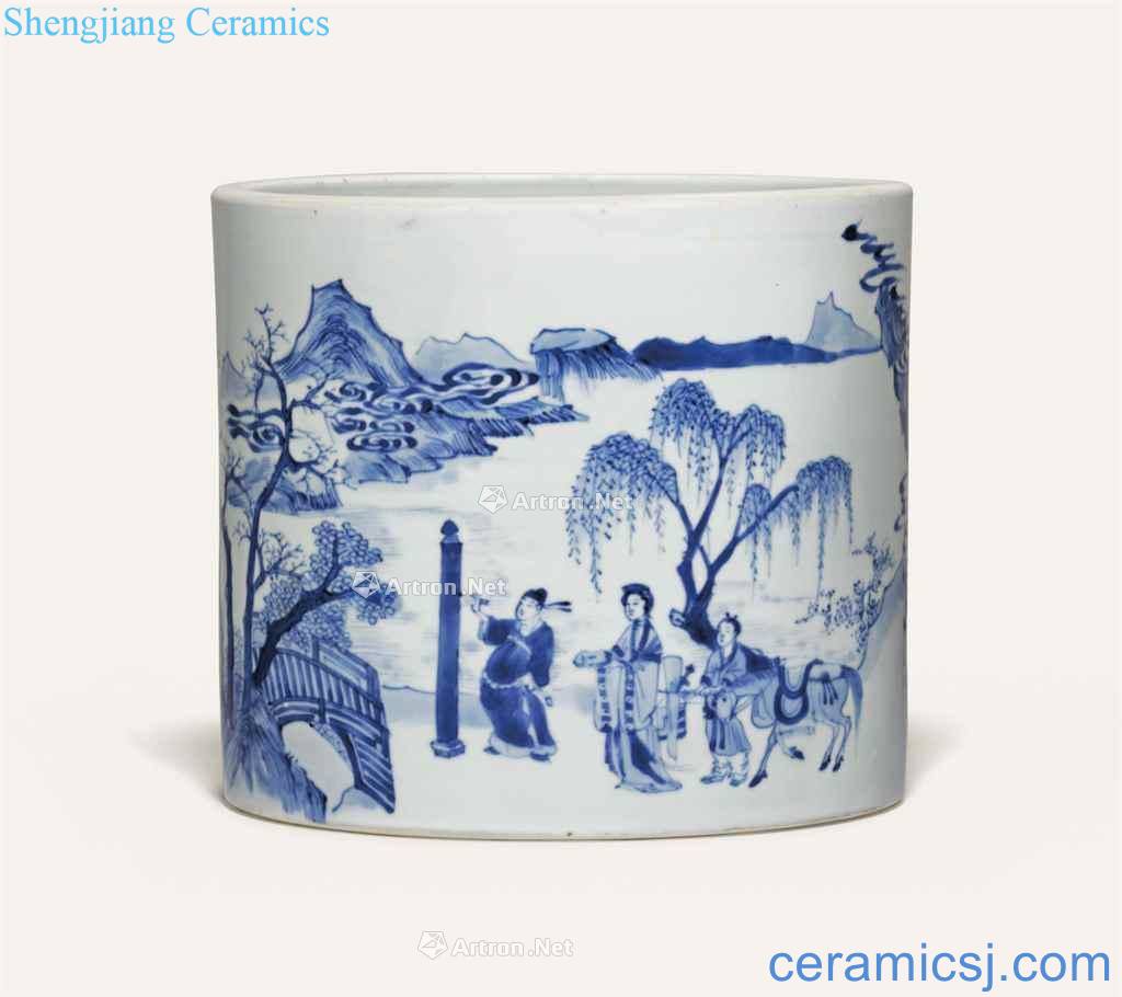 Kangxi period (1662-1722), A BLUE AND WHITE CYLINDRICAL BRUSH POT BITONG