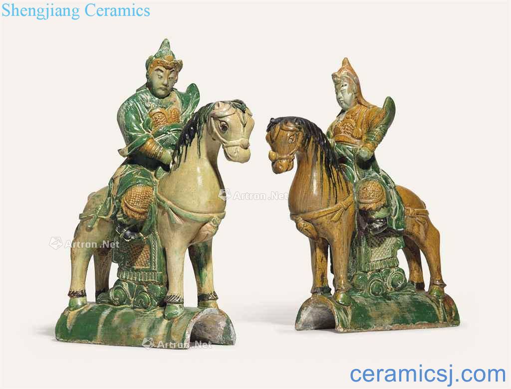 In the Ming dynasty, in the 16th century - in the 17th century A PAIR OF SANCAI GLAZED EQUESTRIAN WARRIOR ROOFTILES