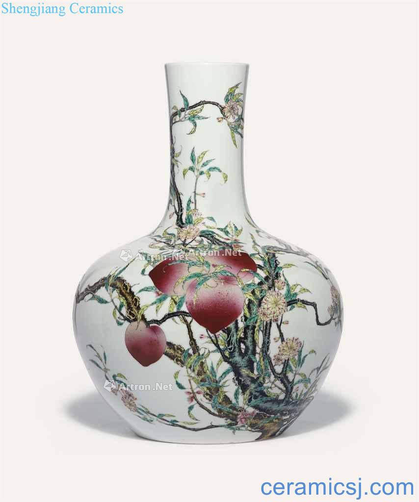 A LARGE FAMILLE ROSE 'NINE' PEACH 'BOTTLE VASE, TIANQIUPING