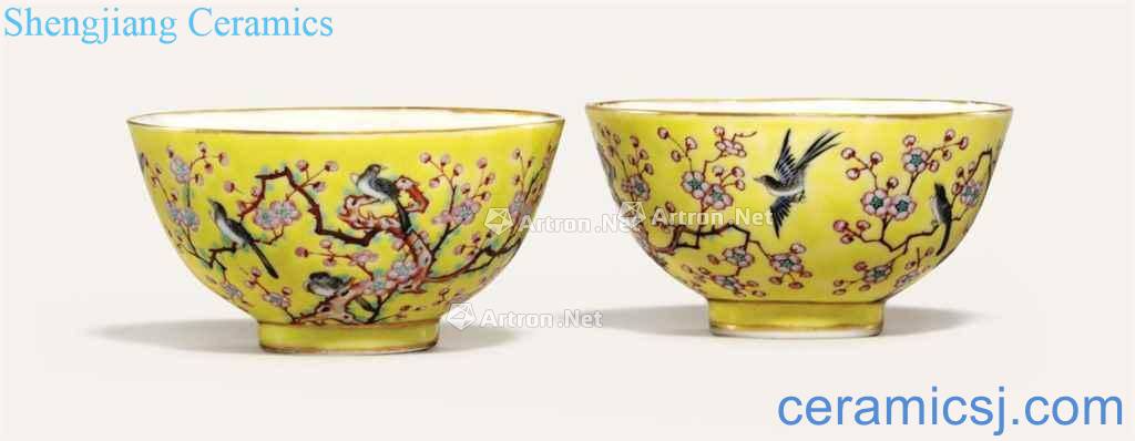 Reign (1862-74), A PAIR OF FAMILLE ROSE, YELLOW - GROUND WINE CUPS