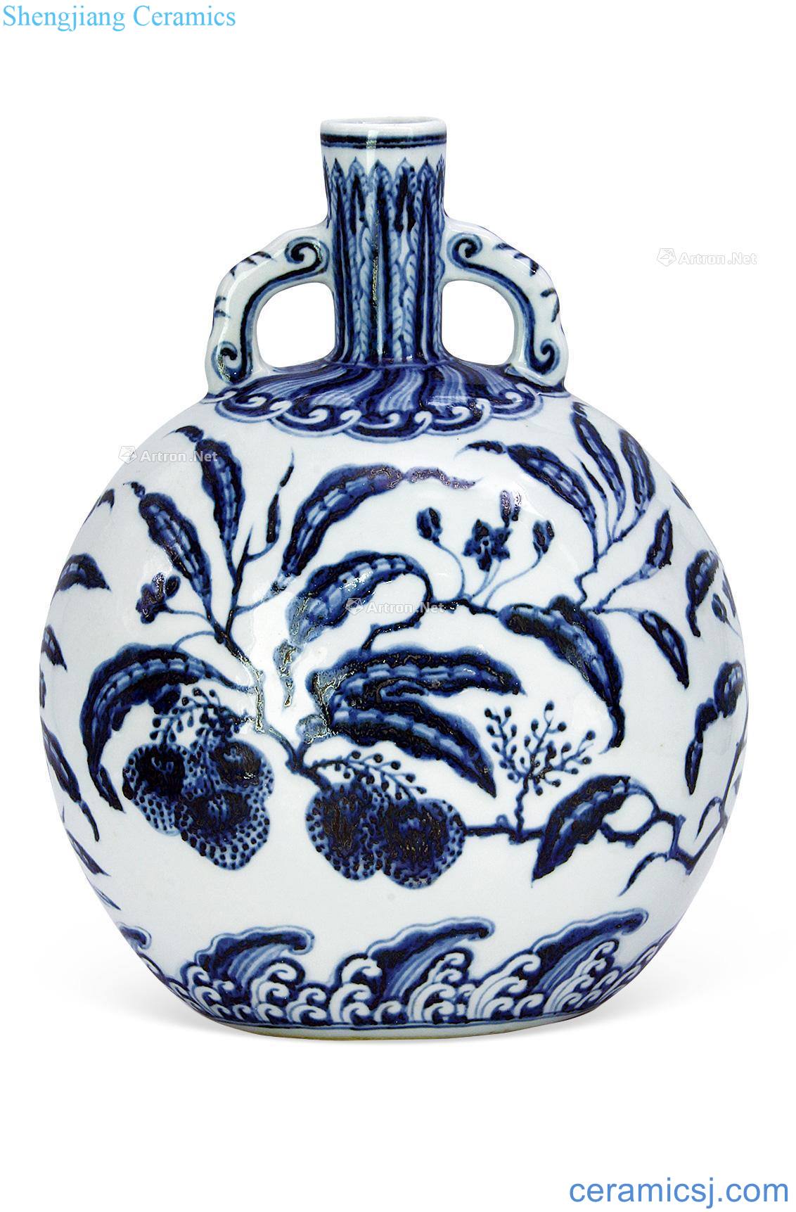 Ming yongle Blue and white litchi pattern ears flat pot