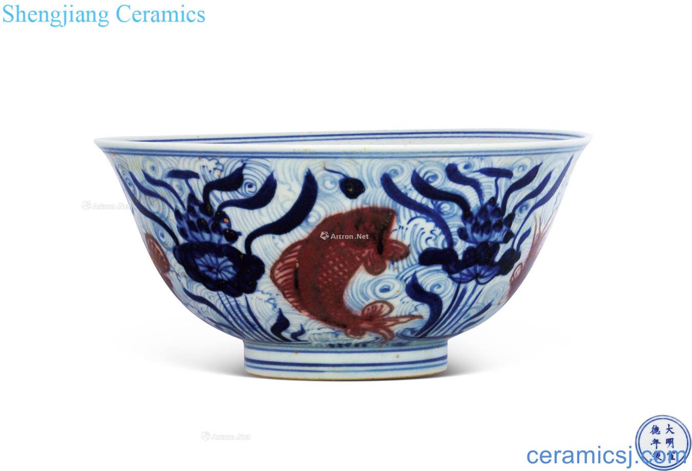 Ming xuande Blue and white youligong red fish algae green-splashed bowls