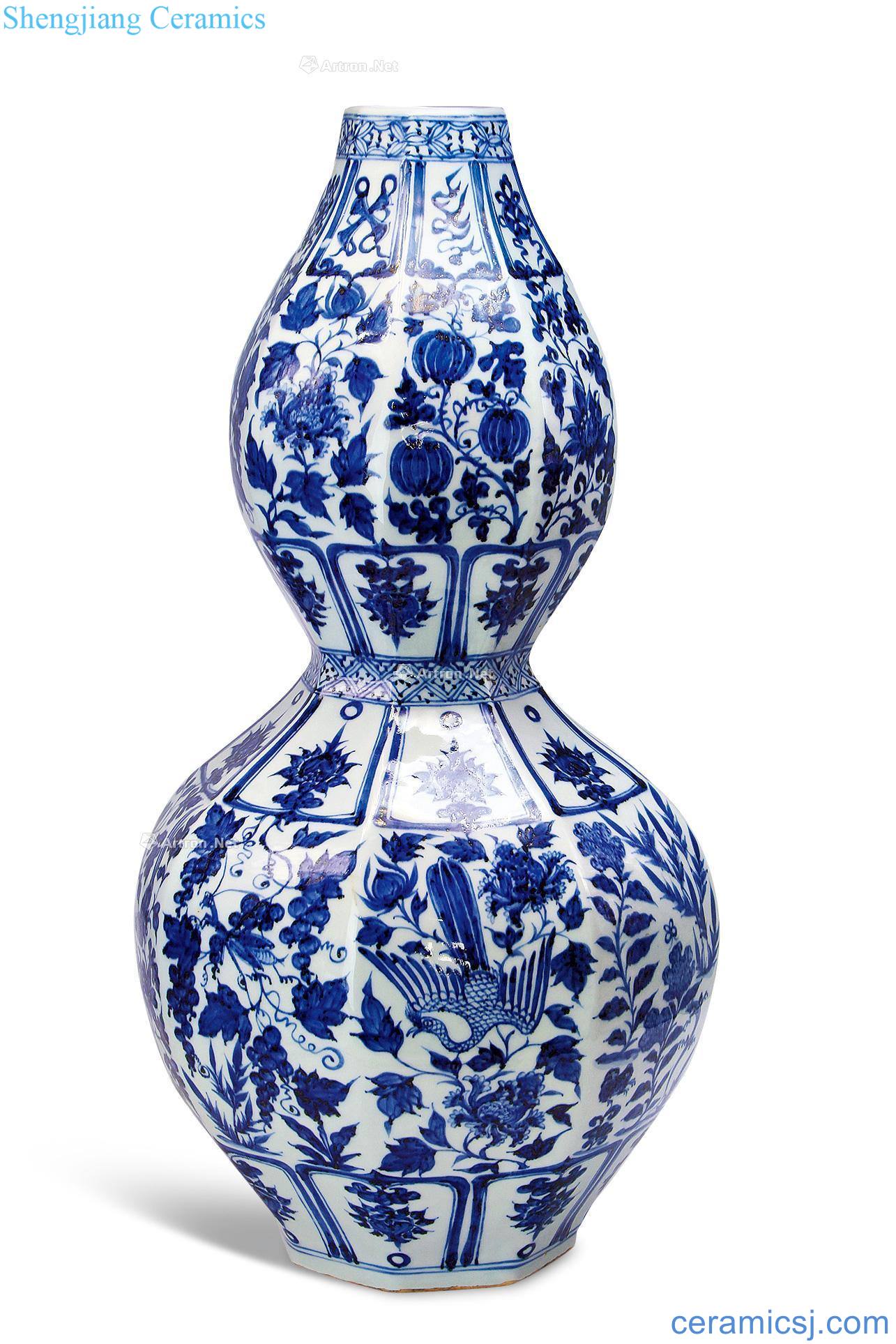yuan Blue and white flower on grain eight square bottle gourd