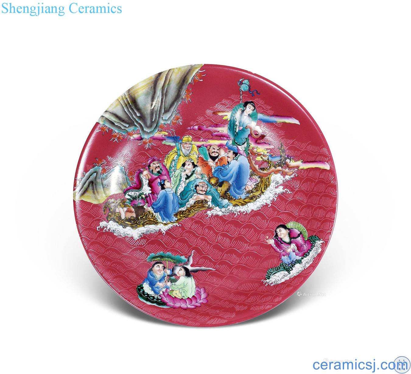 Qing yongzheng carmine red glaze wavy lines to pastel colored enamel ensemble